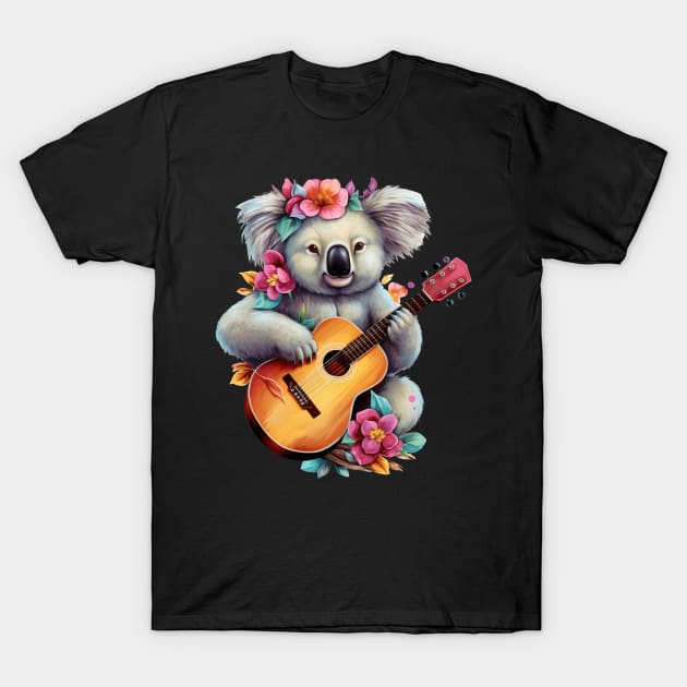 Floral Cute Koala Playing Guitar T-Shirt by EVCO Smo